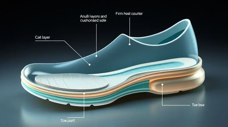 A close-up, photorealistic cutaway diagram of an ergonomic nursing shoe, highlighting its internal features: a visible arch support, a multi-layered cushioned sole, a firm heel counter, and a spacious toe box. The diagram uses soft, professional lighting to emphasize the material textures, 8K hyper-detailed, professional photography, shot on a high-end DSLR.