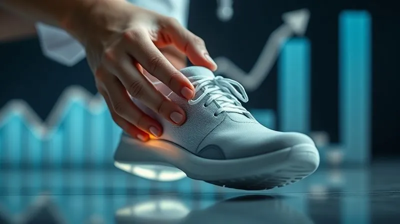 A photorealistic image of a nurse's hands carefully placing a high-quality ergonomic shoe onto a foot, with a subtle glow around the shoe symbolizing protection and investment. In the background, a blurred chart with upward trends represents improved health and productivity. Cinematic lighting, sharp focus on the hands and shoe, depth of field, 8K hyper-detailed, professional photography, shot on a high-end DSLR.