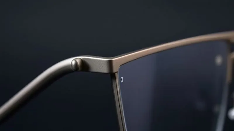 A close-up of a sleek, minimalist titanium frame, showcasing its fine details and metallic sheen, with a subtle flex in the temple arm, professional photography, 8K, cinematic lighting, sharp focus on the frame, depth of field blurring the background, shot on a high-end DSLR.