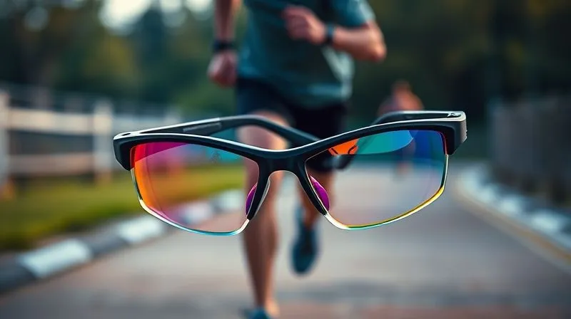 A pair of vibrant TR90 sports glasses being intentionally twisted and bent, demonstrating extreme flexibility without damage, set against a blurred outdoor sports background of a runner, professional photography, 8K, cinematic lighting, sharp focus on the eyewear, depth of field blurring the background, shot on a high-end DSLR.