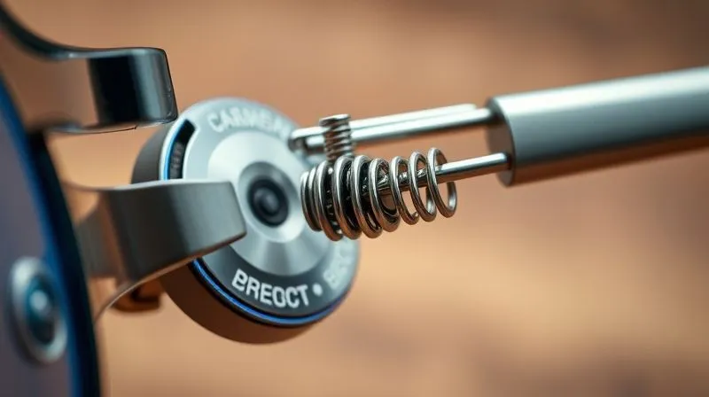 A highly detailed, close-up macro shot of an advanced, spring-loaded eyewear hinge mechanism, showcasing precision engineering and durable construction with tiny gears and springs visible. Professional photography, 8K, cinematic lighting, sharp focus on the hinge, depth of field blurring the background, shot on a high-end DSLR.