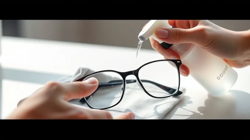 A pair of glasses being gently cleaned with a microfiber cloth and a spray bottle, demonstrating proper eyewear care, with a soft, clean background and natural light. Professional photography, 8K, cinematic lighting, sharp focus on the cleaning action, depth of field blurring the background, shot on a high-end DSLR.