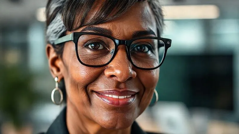 Photorealistic, professional photography, 8K, cinematic lighting, sharp focus, depth of field, shot on a high-end DSLR. A close-up of a diverse tech leader's face, mid-40s, with a subtle, confident smile. Their eyes, framed by sleek, dark rectangular glasses, convey intelligence and approachability. The background is a softly blurred modern office.