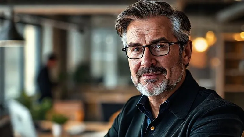 Photorealistic, professional photography, 8K, cinematic lighting, sharp focus, depth of field, shot on a high-end DSLR. A confident tech leader, late 30s-early 40s, with a distinctive yet professional pair of dark geometric frames. The setting is a modern, collaborative workspace with subtle tech elements in the background, conveying innovation and leadership.