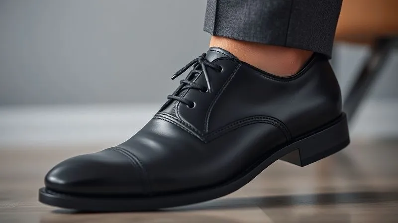 A photorealistic close-up of a pair of perfectly polished, black cap-toe Oxford shoes on a man's foot, positioned neatly under a tailored suit pant, shot from a low angle, professional photography, 8K, cinematic lighting, sharp focus on the shoe's leather, stitching, and subtle sheen, depth of field blurring the background.