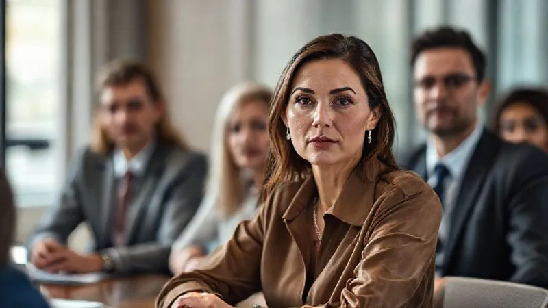 A photorealistic, professional photography, 8K, cinematic lighting, sharp focus, depth of field shot of a professional woman in a meeting, subtly dressed in overly casual attire (e.g., slightly wrinkled blouse, trendy but inappropriate jewelry), looking slightly out of place amongst more formally dressed colleagues. The mood is one of subtle discomfort or misjudgment.
