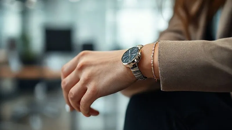 A photorealistic, professional photography, 8K, cinematic lighting, sharp focus, depth of field close-up shot of a woman's hands and wrist, featuring an elegant, minimalist watch and a single delicate bracelet, contrasting with a blurred background showing an office setting. The emphasis is on subtle, high-quality accessorizing.