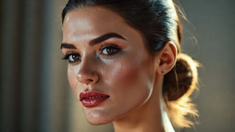 A photorealistic, professional photography, 8K, cinematic lighting, sharp focus, depth of field shot of a woman's face, meticulously groomed with natural, professional makeup and a sleek, pulled-back hairstyle, exuding confidence and readiness. A subtle, soft glow highlights her features.