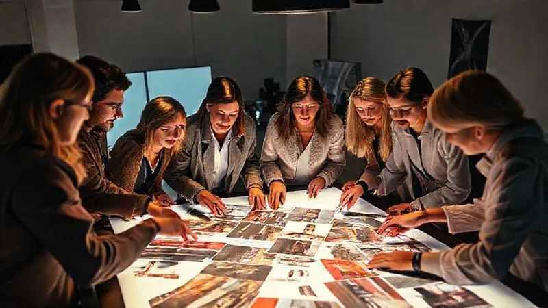 Photorealistic, professional photography, 8K, cinematic lighting, sharp focus, depth of field, shot on a high-end DSLR. A diverse team of fashion professionals, including an art director, stylist, and client representative, gathered around a large, illuminated table, intensely reviewing a meticulously curated physical mood board filled with high-fashion imagery and fabric swatches. Their expressions show focused collaboration and discussion, with some pointing to specific elements, bathed in warm, directional light.