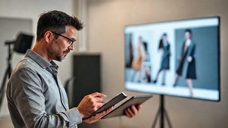Photorealistic, professional photography, 8K, cinematic lighting, sharp focus, depth of field, shot on a high-end DSLR. Two professionals, a fashion art director and a client, in a modern, minimalist studio setting. The art director is intently listening, making notes on a tablet, while the client speaks, gesturing towards a large screen displaying fashion photography. The atmosphere is professional and collaborative, with subtle tension in the client's earnest expression and the art director's focused, empathetic gaze. Soft, directional light highlights their faces.