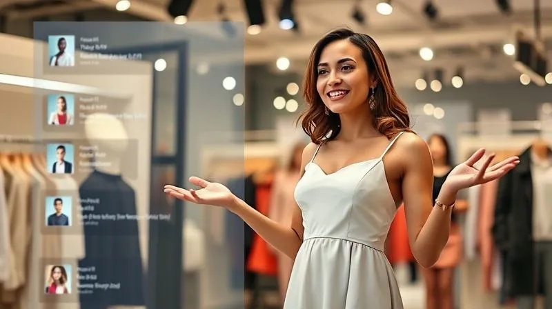 A photorealistic image of a stylish fashion influencer enthusiastically presenting a new dress during a live virtual shopping event, with interactive chat bubbles and product overlays visible on a translucent screen in the foreground. Cinematic lighting, sharp focus on the presenter and the dress, depth of field blurring the studio background, 8K hyper-detailed, shot on a high-end DSLR.