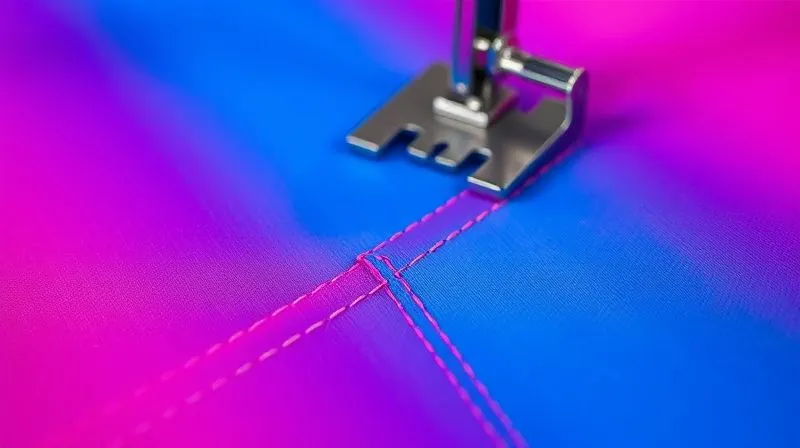 A photorealistic close-up of a perfectly executed flatlock seam on a vibrant stretch fabric, showing the intricate stitching and its ability to stretch without breaking, with a sewing machine needle in the background. Professional photography, 8K, cinematic lighting, sharp focus on the seam, depth of field.
