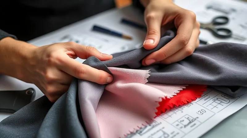 A photorealistic image of a costume designer's hands meticulously examining various fabric swatches, testing their stretch and resilience, with design sketches and sewing tools blurred in the background. Professional photography, 8K, cinematic lighting, sharp focus on the fabric swatches, depth of field.