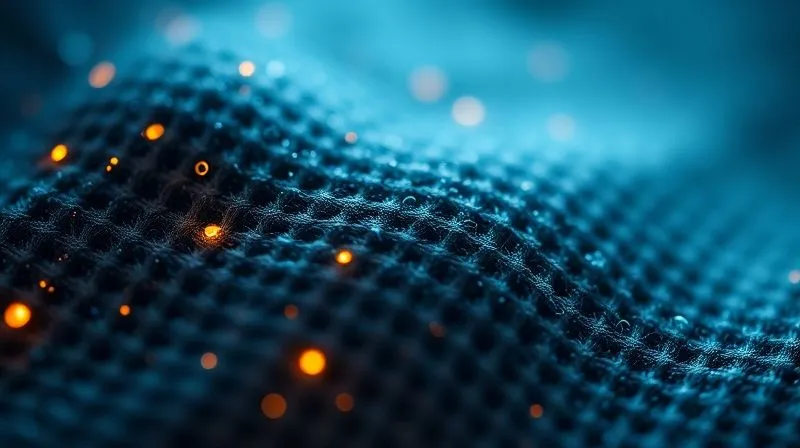 A photorealistic, professional photography, 8K, cinematic lighting, sharp focus, depth of field, shot on a high-end DSLR, showing a microscopic view of activewear fabric fibers, with tiny, glowing silver ions or merino wool scales actively inhibiting dark, shadowy bacteria, creating a visually striking representation of antimicrobial action.