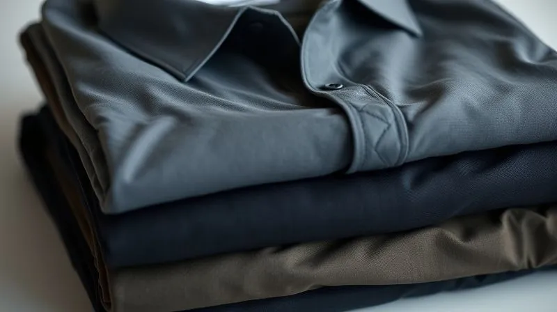 A photorealistic, professional photography, 8K, cinematic lighting, sharp focus, depth of field, shot on a high-end DSLR, showing a folded stack of men's activewear in a sleek, neutral color palette (grays, navies, blacks, olives), with one shirt being gently stretched to show its wrinkle-resistant properties. The fabrics appear smooth and structured, hinting at their durability and travel-readiness.