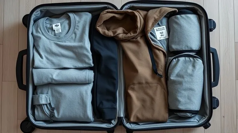 A photorealistic, professional photography, 8K, cinematic lighting, sharp focus, depth of field, shot on a high-end DSLR, showing an open, neatly packed suitcase. Various men's activewear pieces (tees, joggers, a hoodie) are meticulously rolled and placed within packing cubes. A small travel wash bag and laundry sheets are visible, emphasizing smart packing and on-the-go freshness. The overall impression is organized and efficient travel.