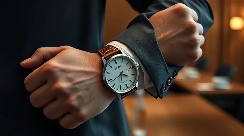 A photorealistic, professional photography, 8K, cinematic lighting, sharp focus, depth of field, shot on a high-end DSLR. Close-up of a man's wrist wearing a classic, understated stainless steel dress watch with a leather strap, positioned subtly under a crisp suit cuff. The background is a blurred, elegant boardroom setting, emphasizing sophistication and professionalism without ostentation.