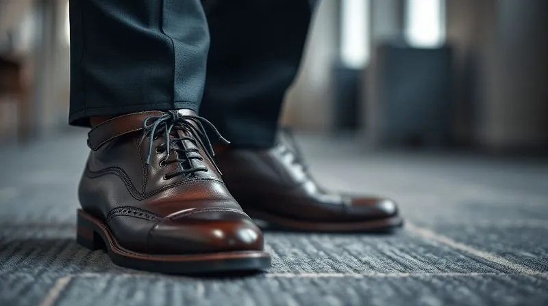 A photorealistic, professional photography, 8K, cinematic lighting, sharp focus, depth of field, shot on a high-end DSLR. Close-up of a man's impeccably polished dark brown leather dress shoes and a matching dark brown leather belt, perfectly coordinated. The background is a blurred, high-end office carpet or wood floor, emphasizing meticulous attention to detail and a grounded, professional appearance.