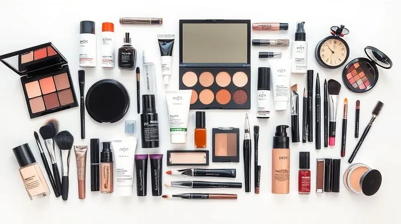 A photorealistic flat lay of a meticulously organized professional makeup kit, featuring various cruelty-free branded products, brushes, and tools, arranged aesthetically on a clean surface, sharp focus on product details, soft studio lighting, 8K resolution.