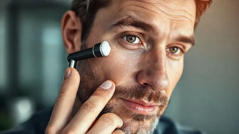 A photorealistic close-up of a well-groomed man in his late 30s, gently applying an eye roller under his eye, his expression focused but calm. The background is a subtly blurred professional office setting. Cinematic lighting highlights the product and his refreshed skin. Professional photography, 8K, sharp focus, depth of field, shot on a high-end DSLR.