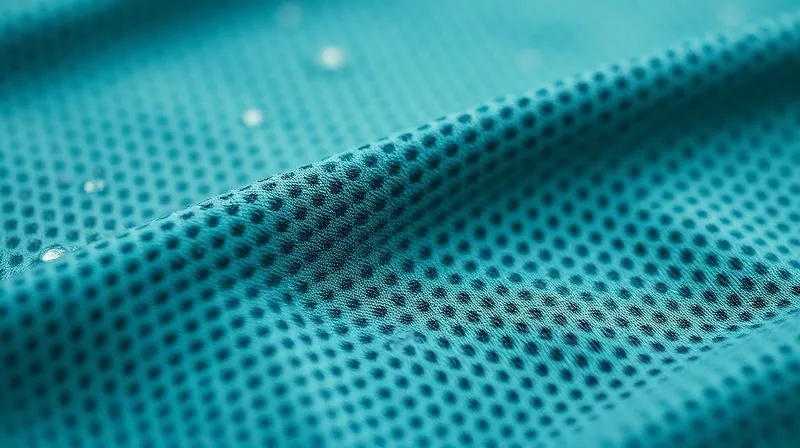 A close-up, photorealistic shot of a high-performance, moisture-wicking synthetic running fabric, showing its intricate weave and texture, with tiny beads of sweat visibly wicking away. Professional photography, 8K, cinematic lighting, sharp focus, depth of field, shot on a high-end DSLR.