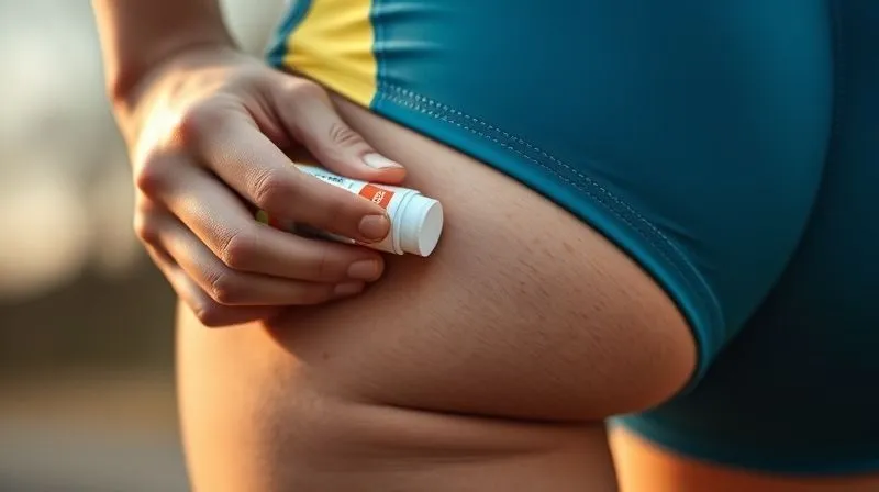 A close-up, photorealistic shot of a runner applying an anti-chafe balm stick to their inner thigh before a run, with the focus on the product and the act of application, conveying preparation and self-care. Professional photography, 8K, cinematic lighting, sharp focus, depth of field, shot on a high-end DSLR.