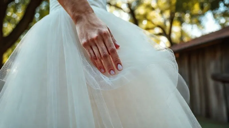 A close-up, photorealistic view of a bride's hand gently smoothing the layers of a tulle skirt, showcasing its light, airy texture and inherent wrinkle resistance. The background features soft, natural light filtering through trees in a rustic outdoor setting. Professional photography, 8K, cinematic lighting, sharp focus on the fabric, depth of field blurring the background, shot on a high-end DSLR.