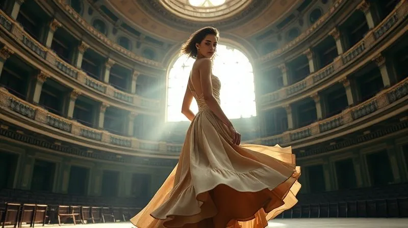 photorealistic, professional photography, 8K, cinematic lighting, sharp focus, depth of field, shot on a high-end DSLR. A dynamic fashion editorial scene set in an abandoned, opulent theater. A model in a dramatic couture gown is captured mid-movement, looking back over her shoulder with an expression of wistful longing. Dust motes dance in shafts of light from a broken window. The focus is on the narrative conveyed by the model's posture and the dilapidated grandeur of the setting.