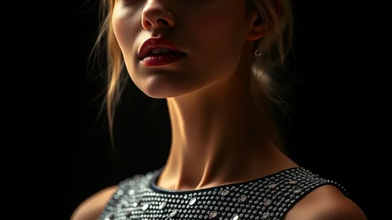 photorealistic, professional photography, 8K, cinematic lighting, sharp focus, depth of field, shot on a high-end DSLR. A fashion model's face and upper torso, dramatically lit with a single, precisely placed strobe creating strong shadows and highlights, emphasizing the contours of her jawline and the texture of a sequined top. The background is dark and indistinct, focusing all attention on the sculpted light.