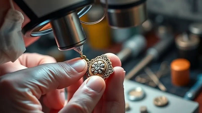 A close-up, photorealistic, professional photography, 8K, cinematic lighting, sharp focus on a jeweler's experienced hands, wearing magnifying loupes, gently holding an antique filigree pendant under a bright microscope light. The jeweler's fingers are carefully pointing at a tiny area of damage, while various precision tools are blurred in the background, conveying intense focus and expert assessment. Depth of field highlights the intricate filigree. Shot on a high-end DSLR.