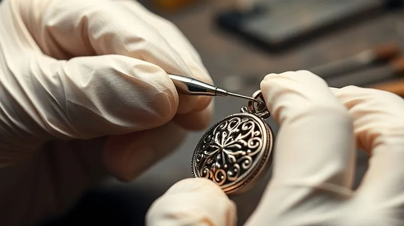 A photorealistic, professional photography, 8K, cinematic lighting, sharp focus on a jeweler's hands, wearing nitrile gloves, carefully using a set of ultra-fine, custom-made tools (tiny burnishers, curved picks, micro-pliers) to gently reshape a bent filigree wire on an antique silver pendant. The tools glint under the light, emphasizing their precision, with a blurred background of a workbench. Depth of field highlights the delicate interaction between tool and filigree. Shot on a high-end DSLR.