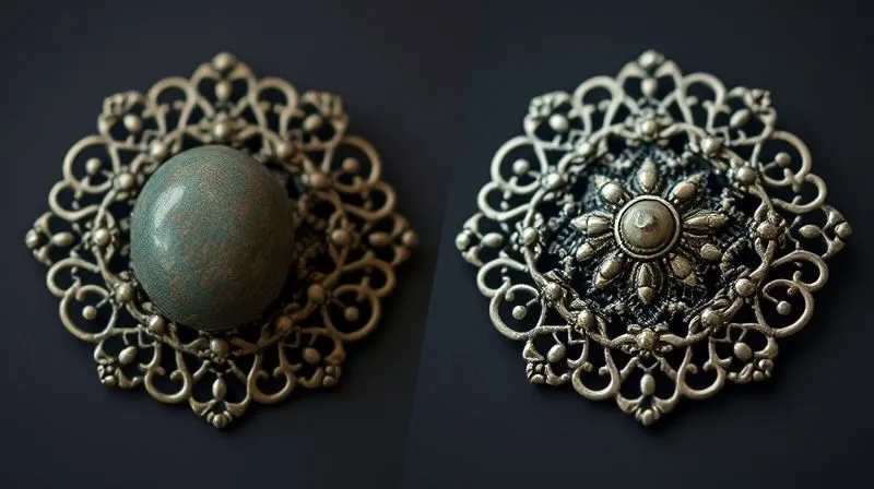 A side-by-side comparison, photorealistic, professional photography, 8K, cinematic lighting, sharp focus, showing two identical antique silver filigree brooches. The brooch on the left is untouched, displaying a rich, dark historical patina. The brooch on the right has been gently cleaned, revealing its intricate details while still retaining subtle hints of its aged character, demonstrating thoughtful conservation. Depth of field emphasizes the contrast. Shot on a high-end DSLR.