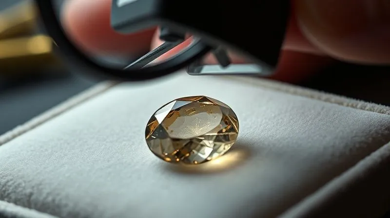 A macro shot of a jeweler's loupe hovering over a delicate, imperfect antique gemstone with visible internal inclusions, resting on a velvet pad. The jeweler's hand is in the background, out of focus. Photorealistic, professional photography, 8K, cinematic lighting, sharp focus, depth of field, shot on a high-end DSLR.
