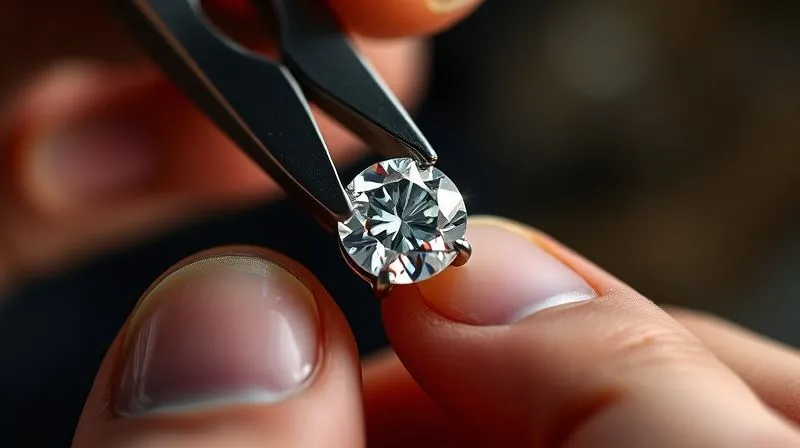 A close-up of a jeweler's hands using specialized, soft-jawed pliers to gently adjust a wide-base prong around a delicate antique diamond. The diamond is a rose cut, sparkling under cinematic lighting. Photorealistic, professional photography, 8K, sharp focus, depth of field, shot on a high-end DSLR.