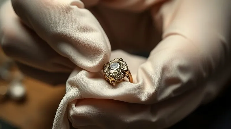A close-up of a jeweler's gloved hand gently polishing an antique ring with a soft cloth, showcasing a securely set gemstone. The scene is well-lit, professional, and emphasizes careful handling. Photorealistic, professional photography, 8K, cinematic lighting, sharp focus, depth of field, shot on a high-end DSLR.