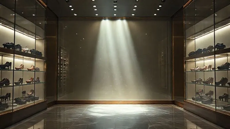 A photorealistic image of a luxurious, empty shoe display case in a high-end boutique, with dust motes visible in a single beam of light, symbolizing lost opportunity and stagnation. professional photography, 8K, cinematic lighting, sharp focus, depth of field, shot on a high-end DSLR.