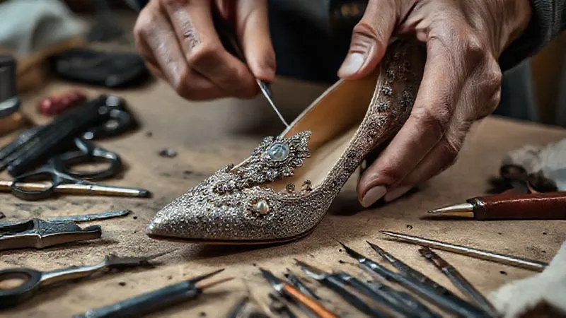 A photorealistic close-up of a skilled artisan's hands carefully disassembling a luxury stiletto, extracting a unique embellishment, with various high-quality craft tools laid out on a workbench. The scene highlights meticulous work and transformation. professional photography, 8K, cinematic lighting, sharp focus, depth of field, shot on a high-end DSLR.