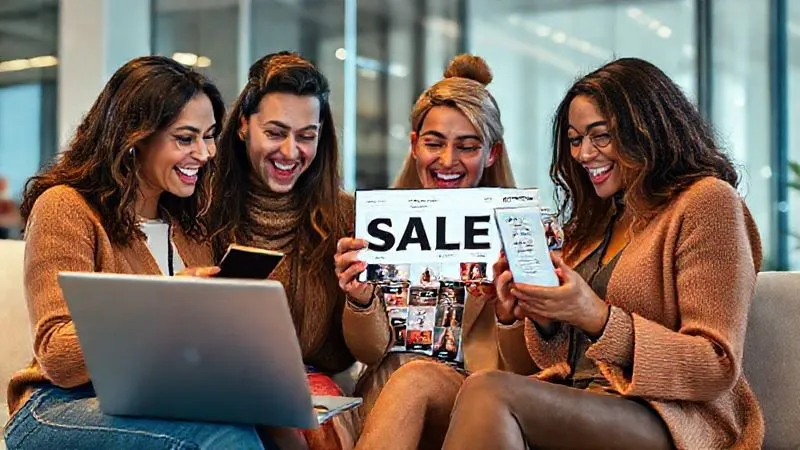 A photorealistic image of a diverse group of stylish individuals excitedly browsing a beautifully curated online luxury sale page on various devices (laptop, tablet, phone), with a sense of urgency and discovery. The lighting is bright and inviting. professional photography, 8K, cinematic lighting, sharp focus, depth of field, shot on a high-end DSLR.