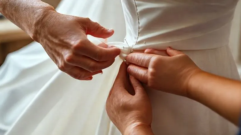 A photorealistic, close-up image of a skilled seamstress's hands meticulously pinning the side seam of a bridesmaid dress on a mannequin, demonstrating the alteration process. The fabric is flowing, with sharp focus on the hands and pins, cinematic lighting, 8K, professional photography.