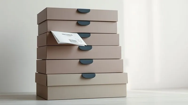A stack of elegant, minimalist luxury shoeboxes with one slightly open, revealing a neatly folded return label inside, set against a backdrop of soft, diffused light, evoking a sense of quiet inefficiency. Photorealistic, professional photography, 8K, cinematic lighting, sharp focus, depth of field.