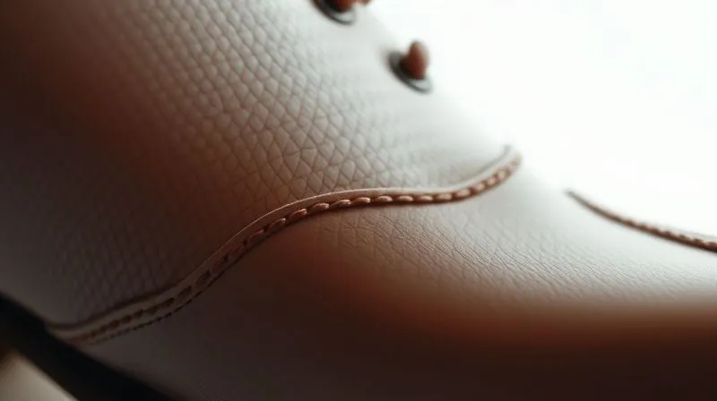 A close-up, high-resolution shot of a luxury women's shoe's intricate stitching and the rich texture of its Italian leather, with exquisite detail and sharp focus. The background is a clean, softly lit studio setting. Photorealistic, professional photography, 8K, cinematic lighting, depth of field.