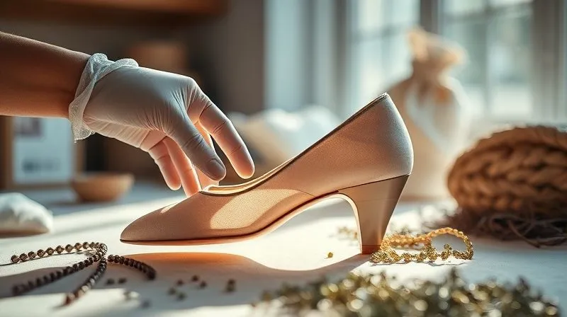 A delicate, handcrafted luxury women's shoe being handled with care by gloved hands, surrounded by soft, natural light, with hints of sustainable, recycled packaging materials in the background. The scene exudes elegance and environmental consciousness. Photorealistic, professional photography, 8K, cinematic lighting, sharp focus, depth of field.