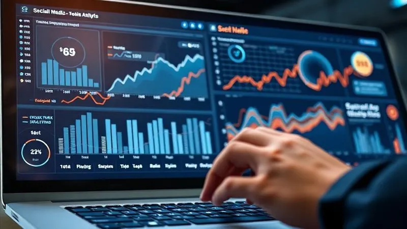 A photorealistic image of a sleek, modern digital dashboard displaying intricate social media analytics, with graphs showing upward trends, hashtag clouds, and heatmaps of engagement. Cinematic lighting, sharp focus on the data, depth of field blurring a user's hands on a keyboard, 8K hyper-detailed.
