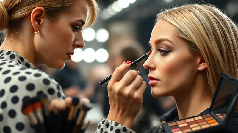 A photorealistic, candid shot backstage at a high-fashion runway show. A makeup artist with intense focus is applying intricate eye makeup to a model, surrounded by an array of professional makeup brushes and palettes. Cinematic lighting highlights the delicate details, sharp focus on the artist's hands and model's eye, depth of field blurring the bustling background, 8K hyper-detailed.