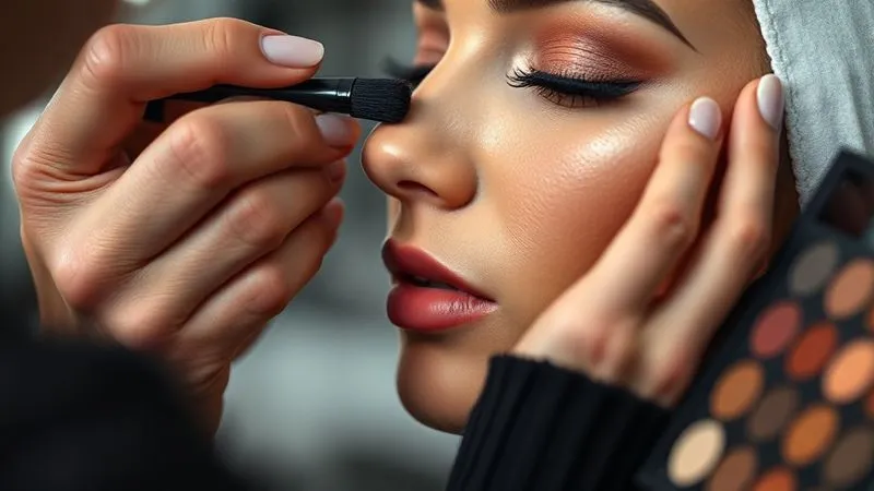 A photorealistic, close-up shot of a makeup artist's hands meticulously applying a custom blend of foundation to a client's cheek, showcasing diverse skin tones. The artist's focus is intense, with a palette of mixed colors nearby. Cinematic lighting, sharp focus on the application, depth of field blurring the background, 8K hyper-detailed, conveying personalized artistry.