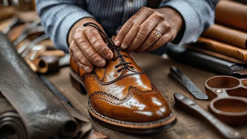 photorealistic, professional photography, 8K, cinematic lighting, sharp focus, depth of field, shot on a high-end DSLR. A close-up of a master shoemaker's hands meticulously stitching a leather upper, surrounded by rolls of exquisite, rare leathers (like alligator, stingray, or shell cordovan) and traditional shoemaking tools, emphasizing craftsmanship and premium materials.