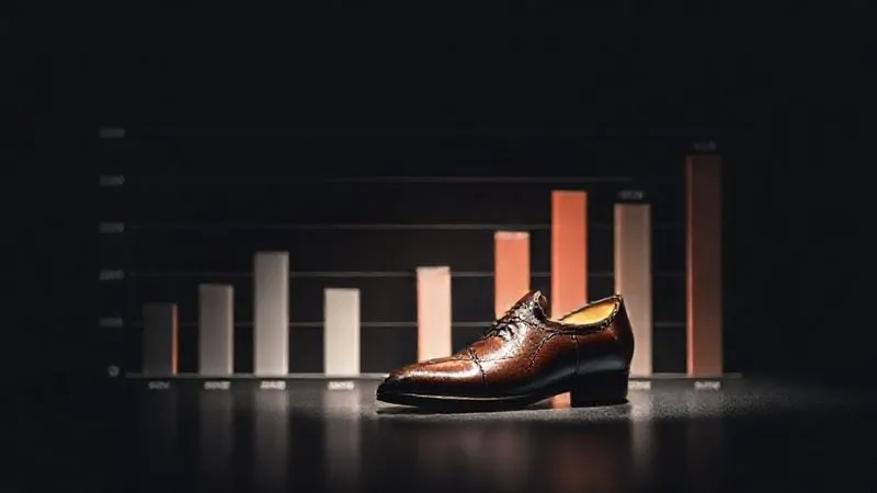 photorealistic, professional photography, 8K, cinematic lighting, sharp focus, depth of field, shot on a high-end DSLR. A sophisticated, minimalist bar chart or line graph showing the pricing ranges of various luxury goods categories (e.g., bespoke shoes, high-end watches, designer handbags) on a dark, elegant background, with a spotlight on the bespoke shoe segment, symbolizing market analysis and positioning.