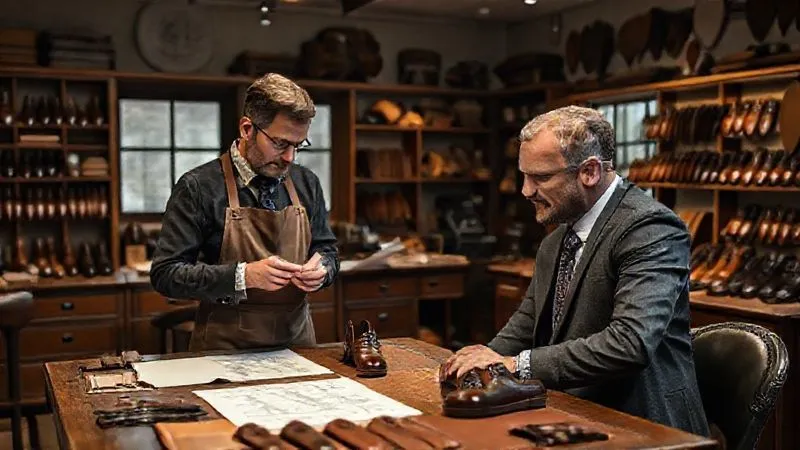 photorealistic, professional photography, 8K, cinematic lighting, sharp focus, depth of field, shot on a high-end DSLR. A luxurious, well-lit shoemaker's studio. A master shoemaker in a tailored apron is attentively discussing design details with a well-dressed, discerning client over a table laden with leather swatches, design sketches, and a custom last. The atmosphere is one of trust, expertise, and personalized service, emphasizing the bespoke consultation process.