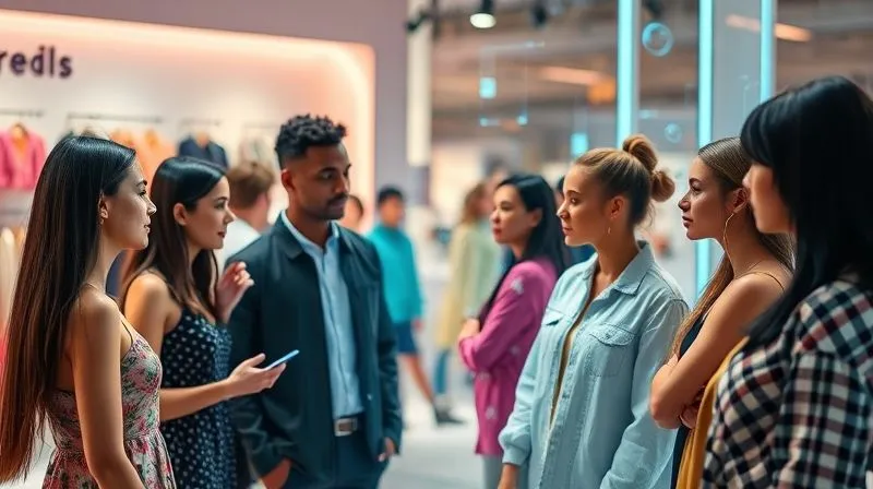A photorealistic, professional photography, 8K, cinematic lighting, sharp focus, depth of field, shot on a high-end DSLR image showing a diverse group of avatars interacting in a vibrant, futuristic digital fashion showroom, with subtle holographic data visualizations floating around them, representing engagement metrics. The scene should evoke innovation and exploration.