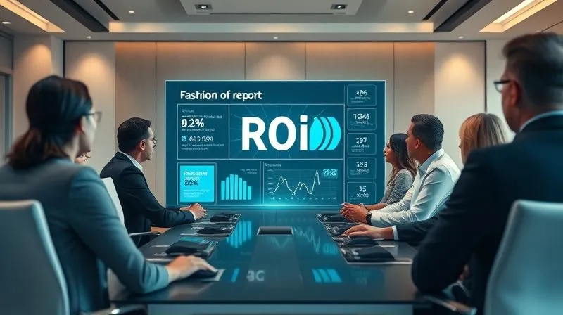 A photorealistic, professional photography, 8K, cinematic lighting, sharp focus, depth of field, shot on a high-end DSLR image of a diverse executive team in a modern boardroom, intently viewing a large holographic display showing a clear, concise digital fashion ROI report with a mix of financial figures and brand engagement metrics. The atmosphere should be one of confidence and strategic discussion.